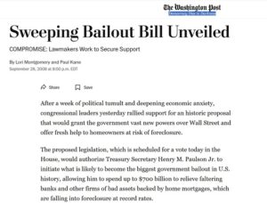 Washington Post 2008 article about sweeping Bailout Bill in response to financial housing debacle