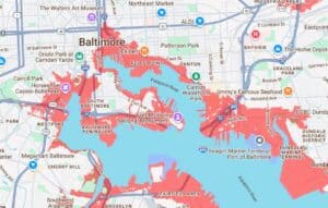 Map of Baltimore showing prior piers, infrastructure, and warehousing under water. 