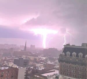 Extraordinary lightning bolts outlines abandoned buildings closer to the harbor.